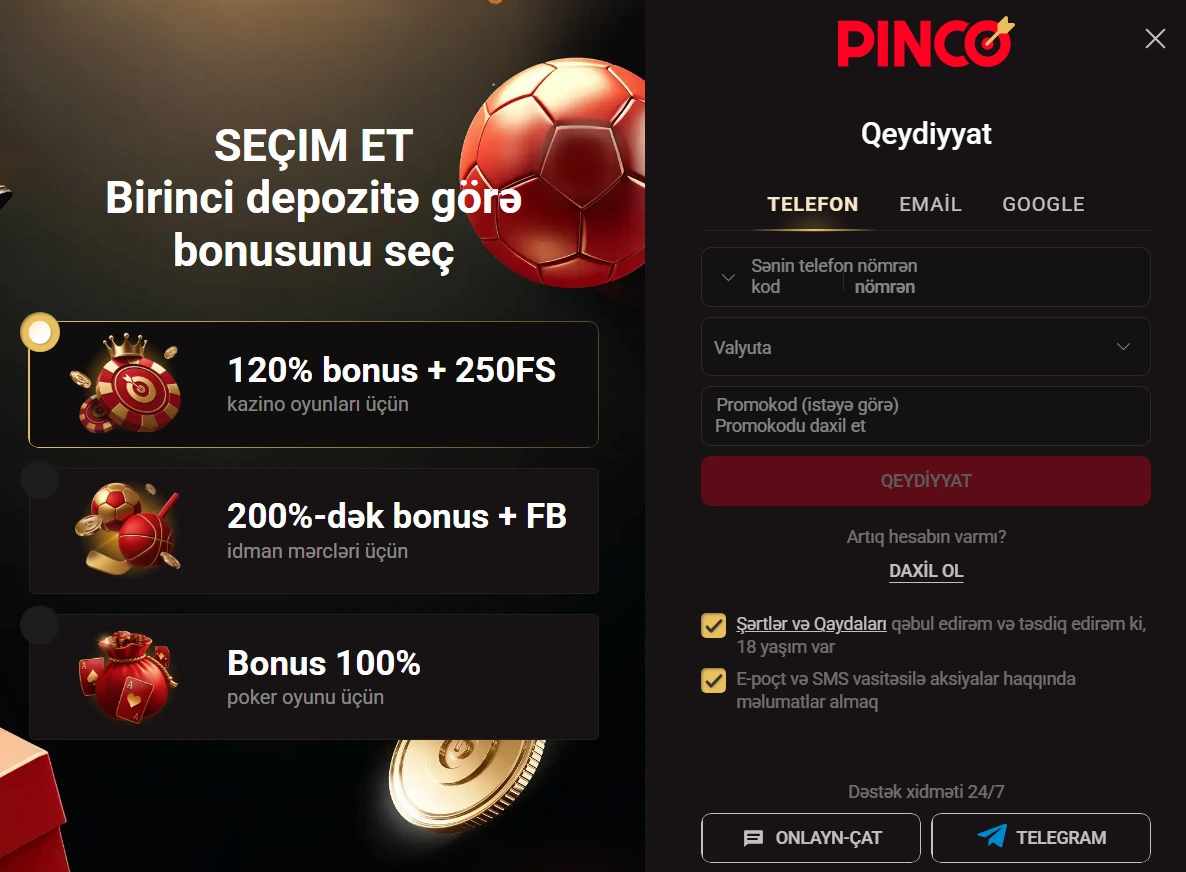 Pinco qeydiyyat Azərbaycan üçün yeni casino hesabının yaradılması